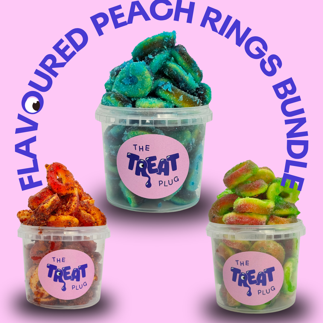 250g Peach Rings Collection – Chamoy, Lime, Blue Raspberry – All 3 Tubs in One Bundle!