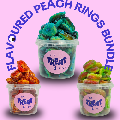 250g Peach Rings Collection – Chamoy, Lime, Blue Raspberry – All 3 Tubs in One Bundle!